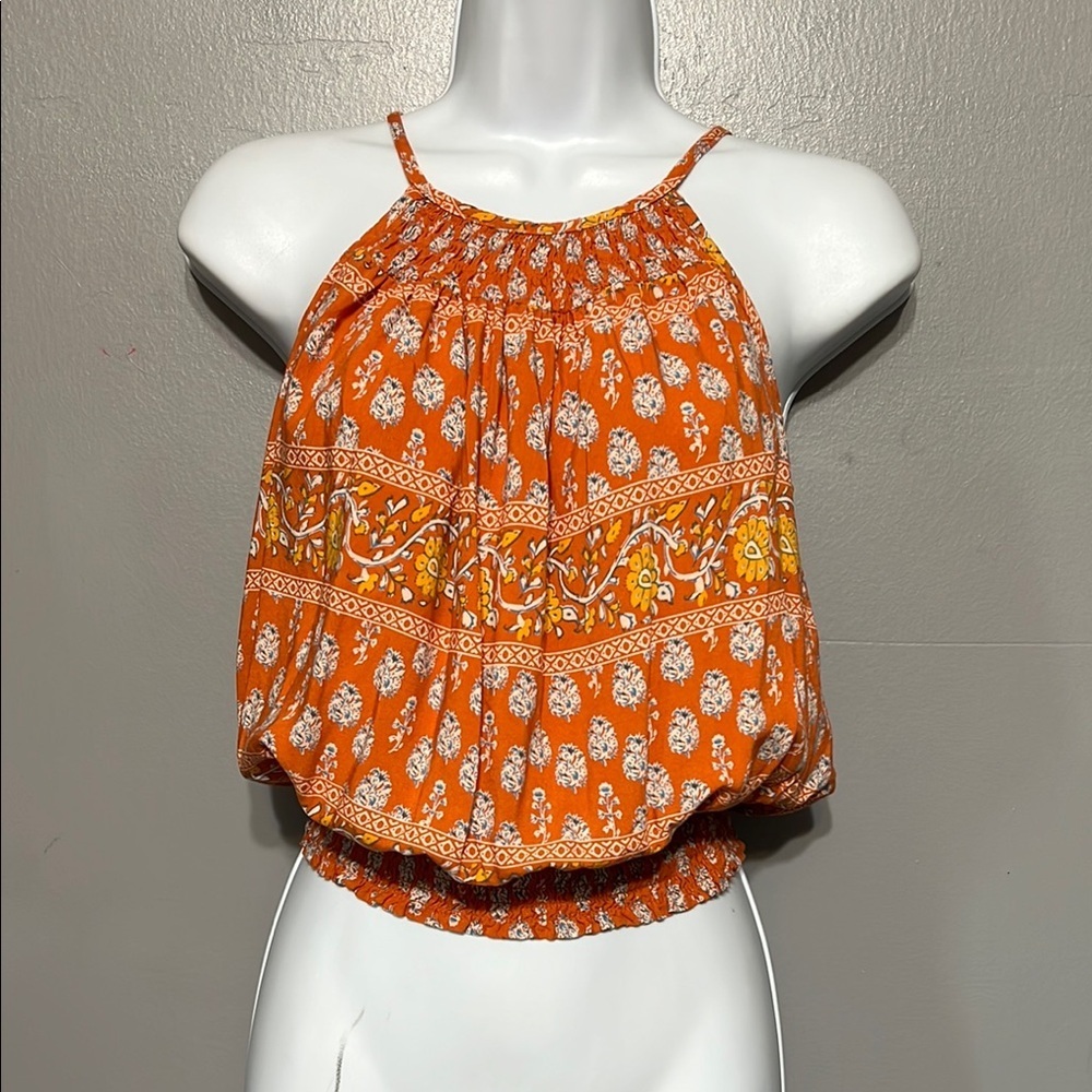 Nicole Miller Boho Floral Print Smocked Tank Top Small Orange Multicolor